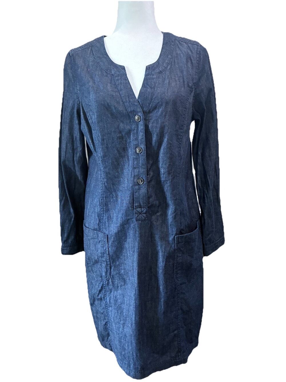 Boden Dress Womens 8 Blue Denim Pocket Button Casual Minimalist Dark Wash Chic